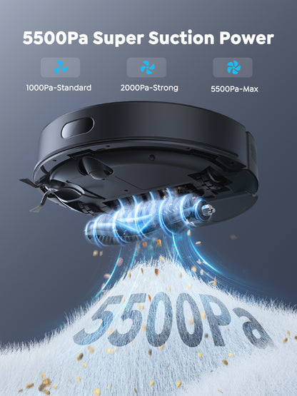 Vyzzle E20 Robot Vacuum and Mop, 60-Day Robot Vacuum Self Emptying, 5500Pa Suction, Zoned & Scheduled Cleaning, LiDAR Navigation, Vacuum Robot for Pet Hair, Carpets, Floors, WiFi/App/Voice Control