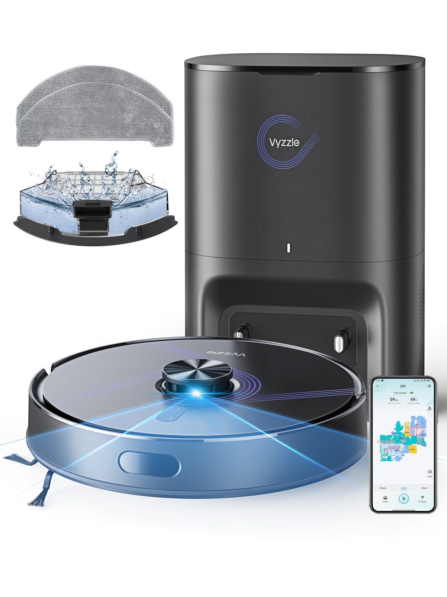Vyzzle E20 Robot Vacuum and Mop, 60-Day Robot Vacuum Self Emptying, 5500Pa Suction, Zoned & Scheduled Cleaning, LiDAR Navigation, Vacuum Robot for Pet Hair, Carpets, Floors, WiFi/App/Voice Control